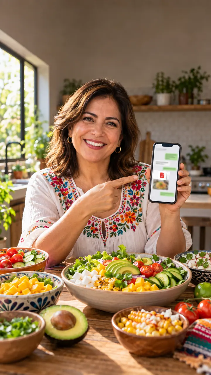 Mujer mostrando en su celular el recetario de ensaladas gourmet recibido por WhatsApp